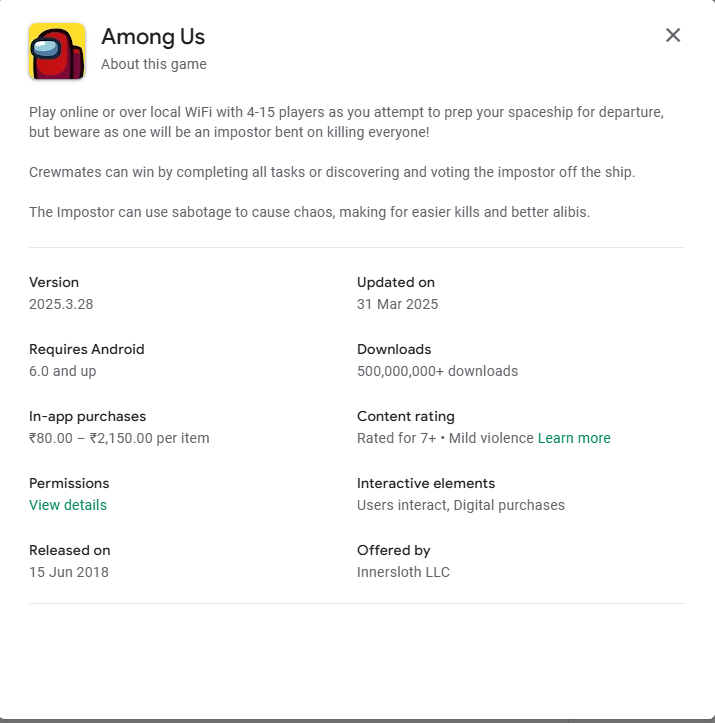 Among Usアプリが説明(文)にアドベンチャー指向のキーワードを使用していることから、Google Playストアキーワードリサーチを行ったことが分かります。