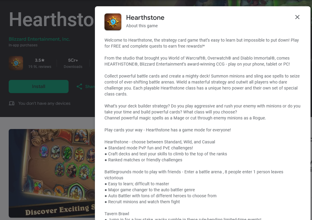 HearthstoneはGoogle Playの説明(文)で、キーワードと中核的な価値提案の両方として「戦略」を中心に据えています