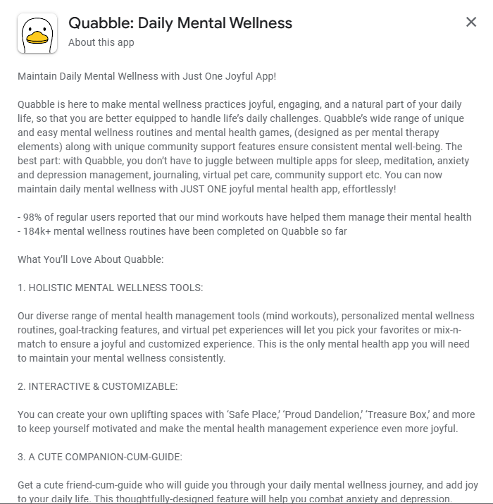 Quabbleがこの例で行ったように、Google Play Storeの長い説明(文)にトップキーワードを活用する