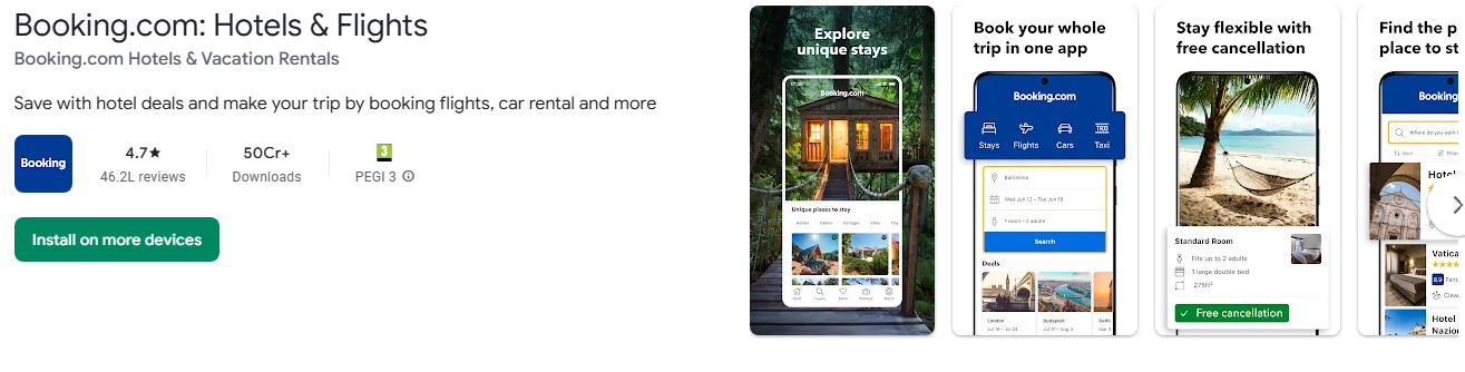 Booking.comが短い説明(文)でトップキーワードを使用したGoogle Play Storeキーワードリサーチの例