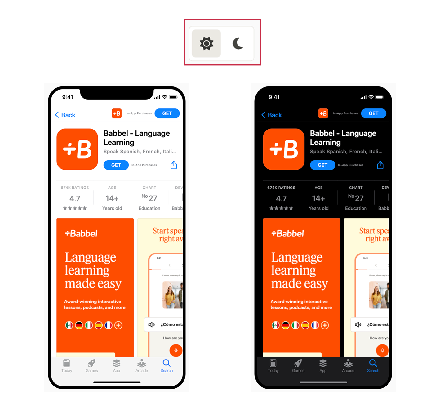 앱 아이콘 모범 사례: App Store에서 Babbel 아이콘을 라이트 모드와 다크 모드에서 비교