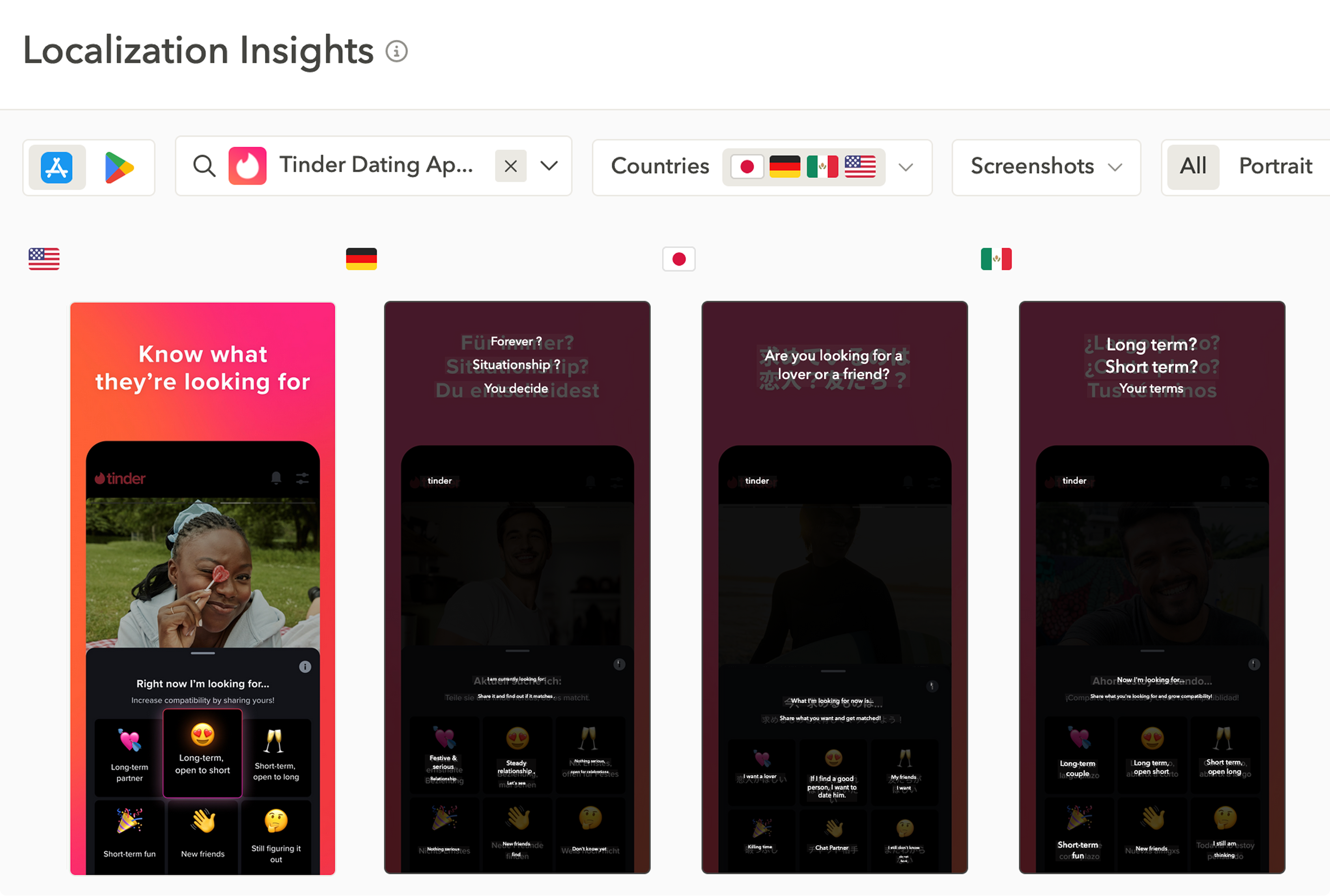 Tinder 本地化消息（以及模型和 UI 元素），以反映文化差异，同时保持品牌一致性。