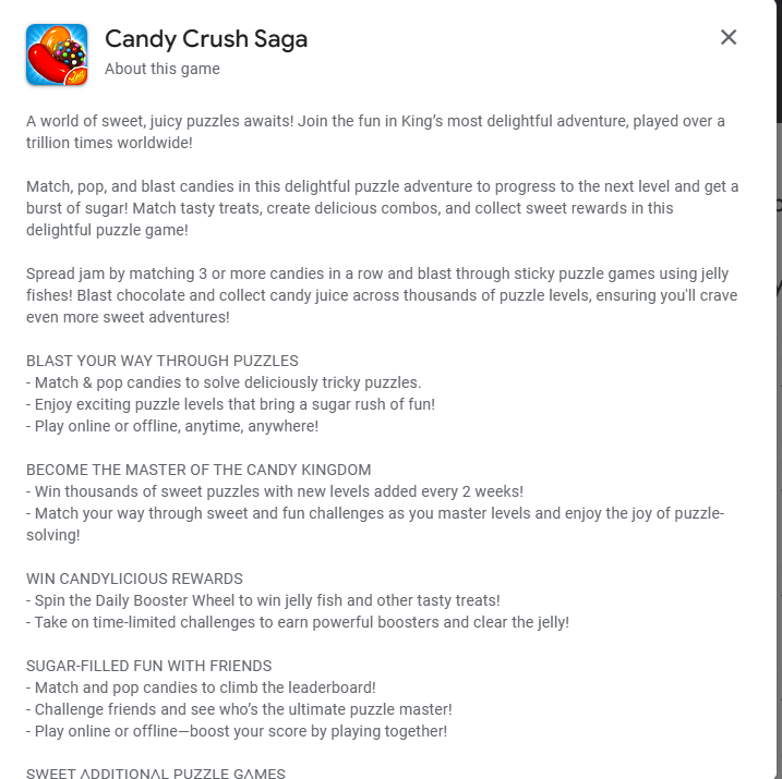 Candy Crush SagaのPlayストアキーワードリサーチの例
