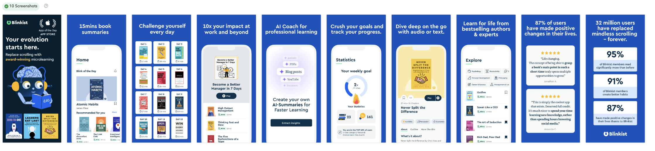 App Store vs. Google Play: App Store에서는 최대 10개의 스크린샷을 가질 수 있으며, Google Play에서는 앱 스토어 스크린샷에 대해 8개를 가질 수 있습니다.