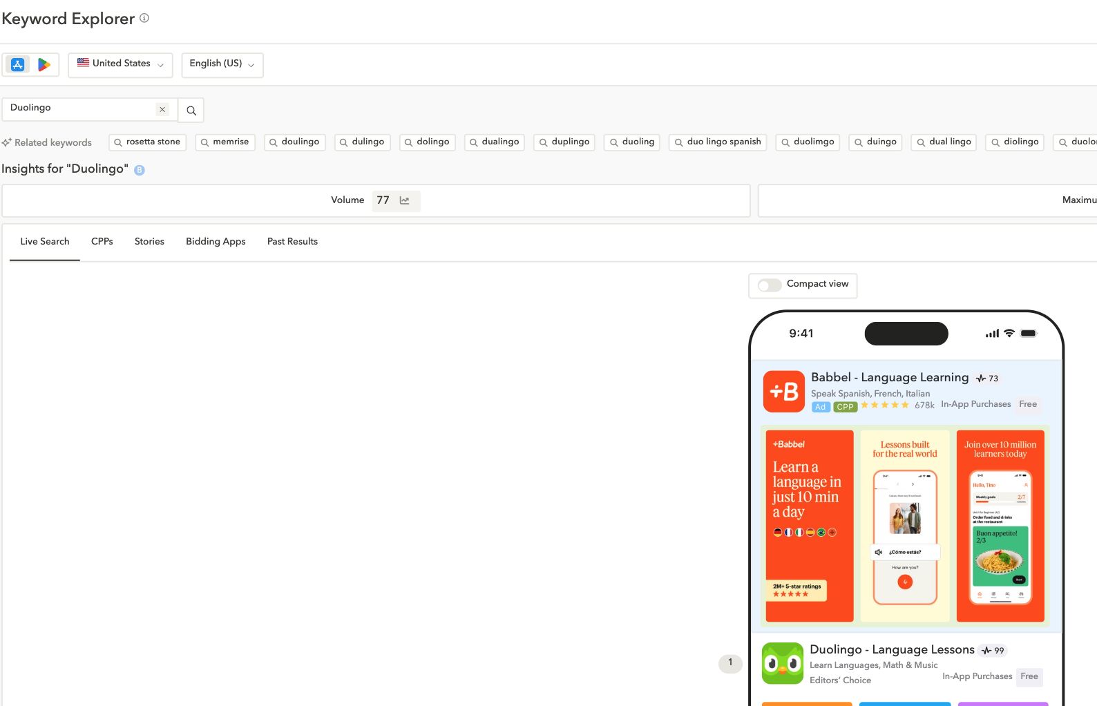 Example of competitor intelligence for Apple Ads in AppTweaks' Keyword Explorer.