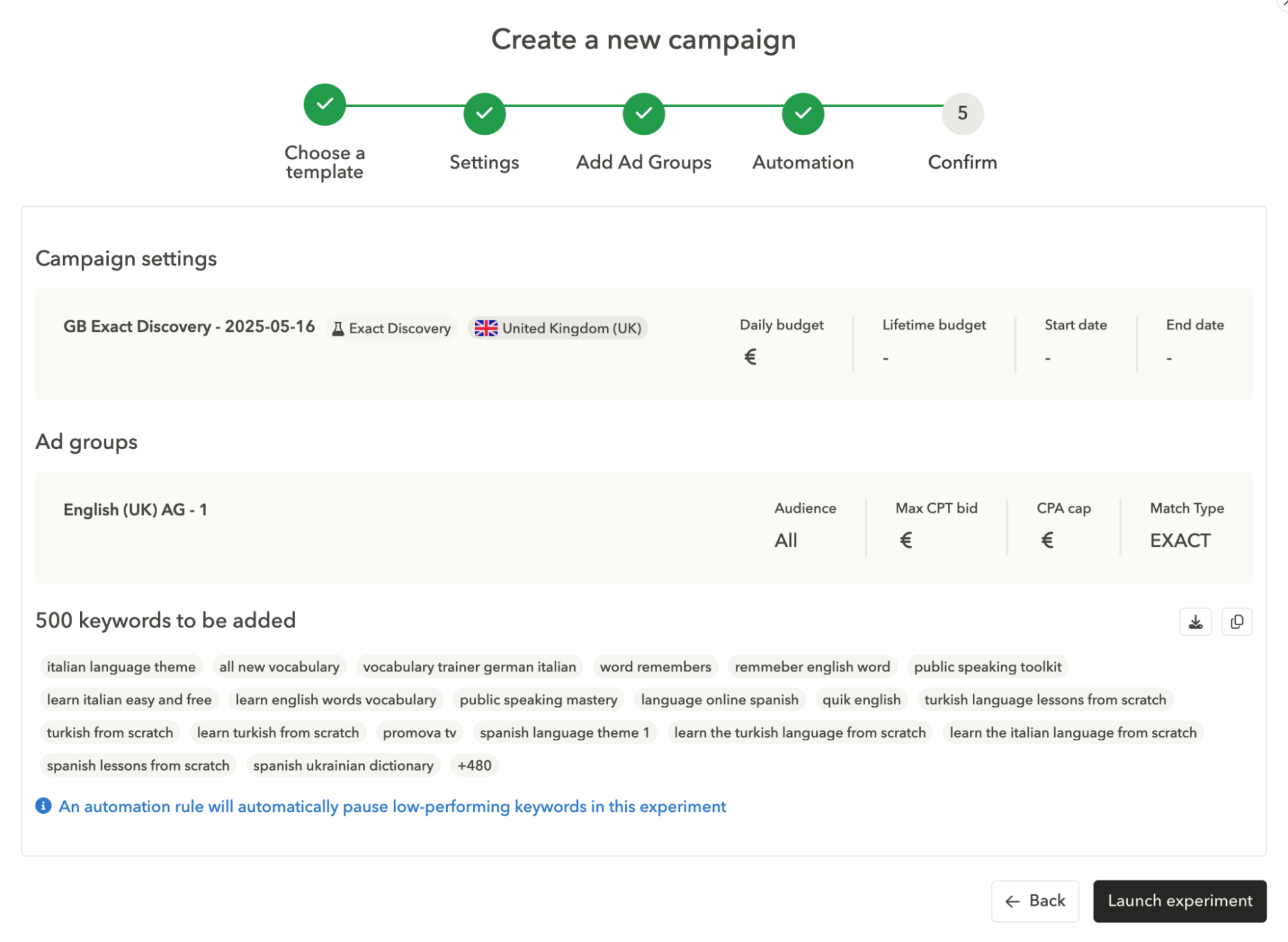 Apple Ads campaign creation in AppTweak's Campaign Manager 