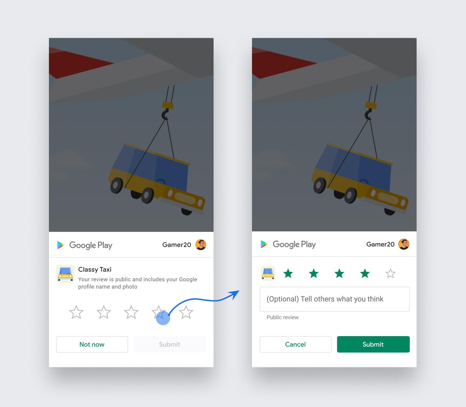 Google Play 的应用内评价 API 允许开发者在用户不离开应用的情况下提示用户提交评分和评价 