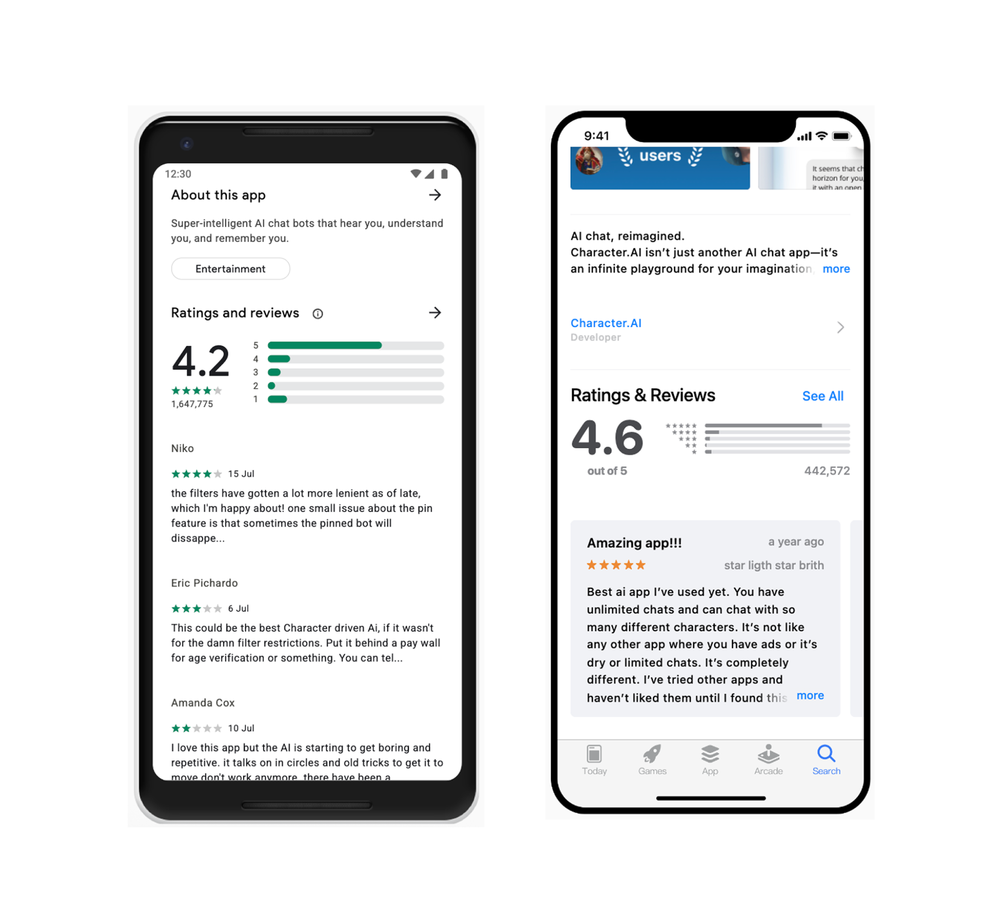 什么是应用评价？Google Play（左）和 App Store（右）上的应用评价示例 