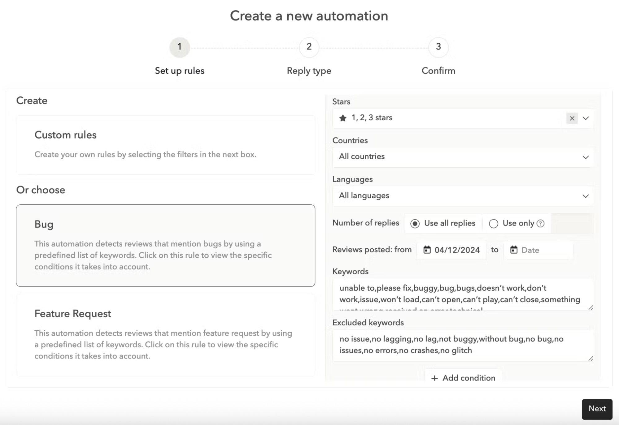 app reviews and ratings - Set custom automation rules based on specific criteria to reply instantly to reviews