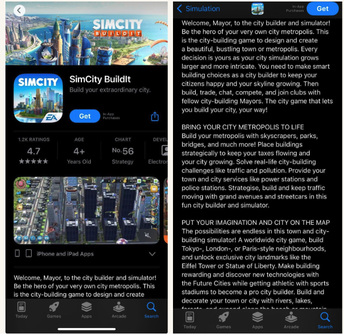 SimCityのApp Storeでの説明(文) - App Storeランキング向けに最適化済み