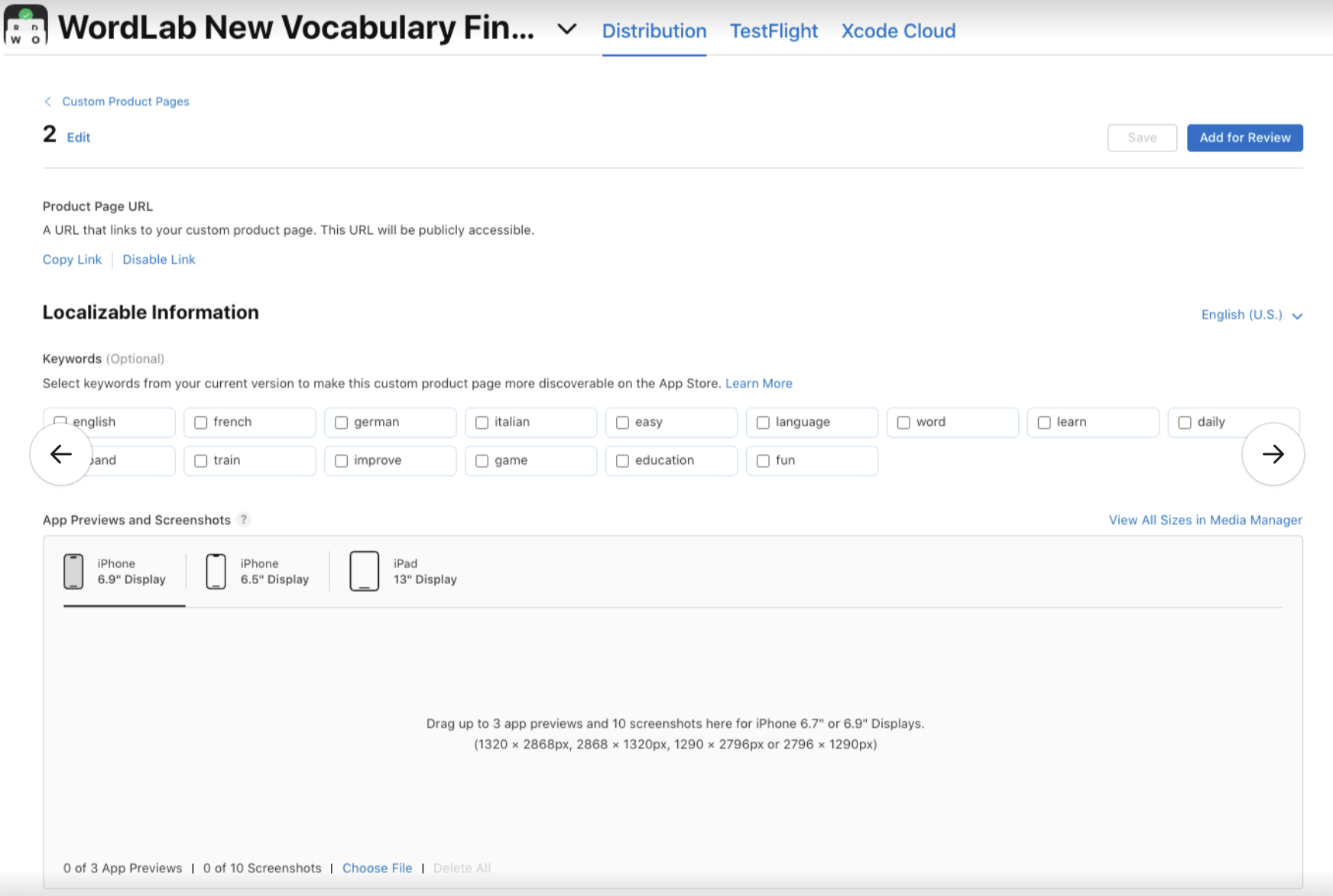 Vue de la sélection de mots-clés pour la page de produit Personnalisée 