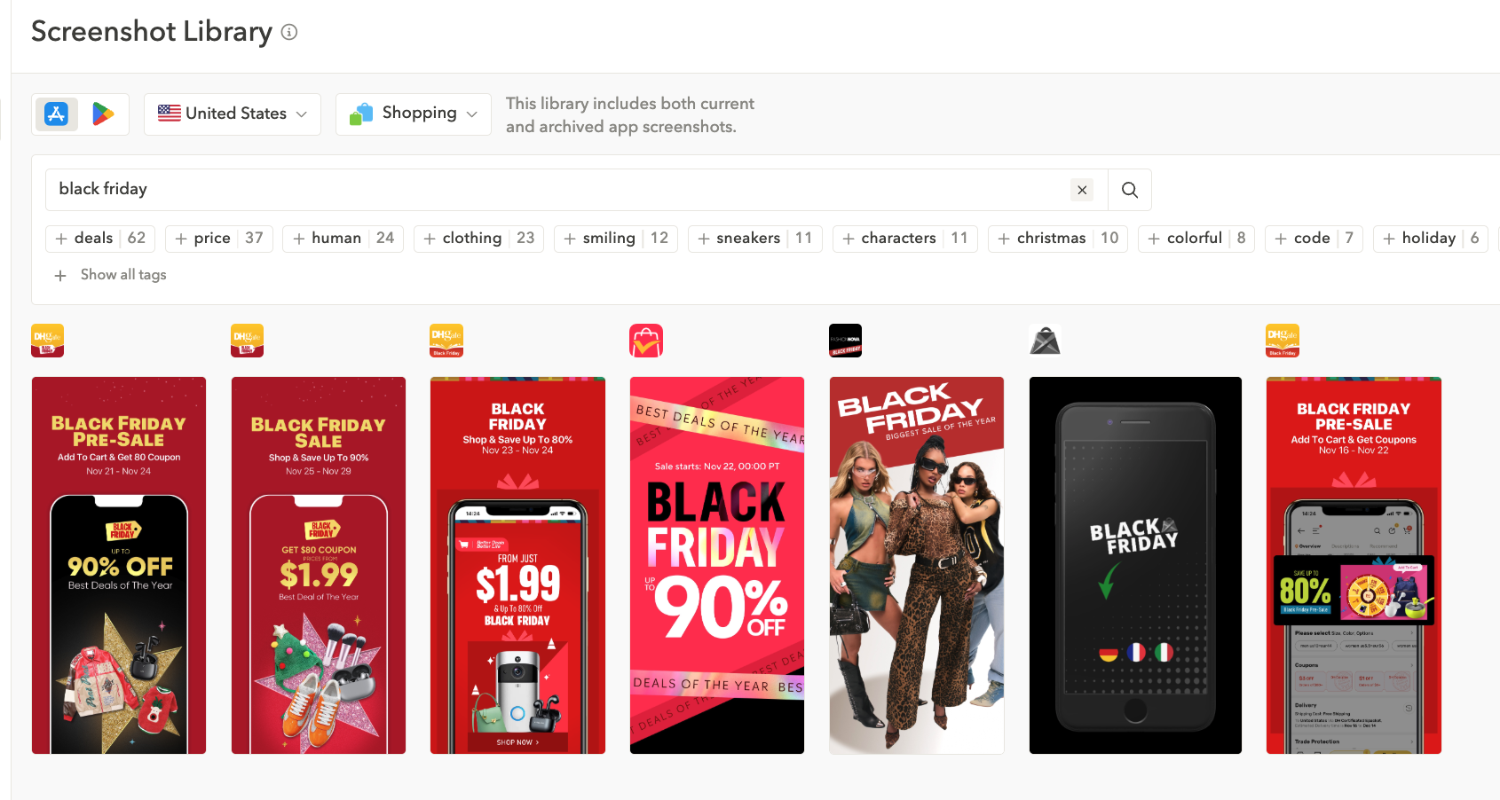 AppTweak's Screenshot Library showing example screenshots for term "Black Friday"