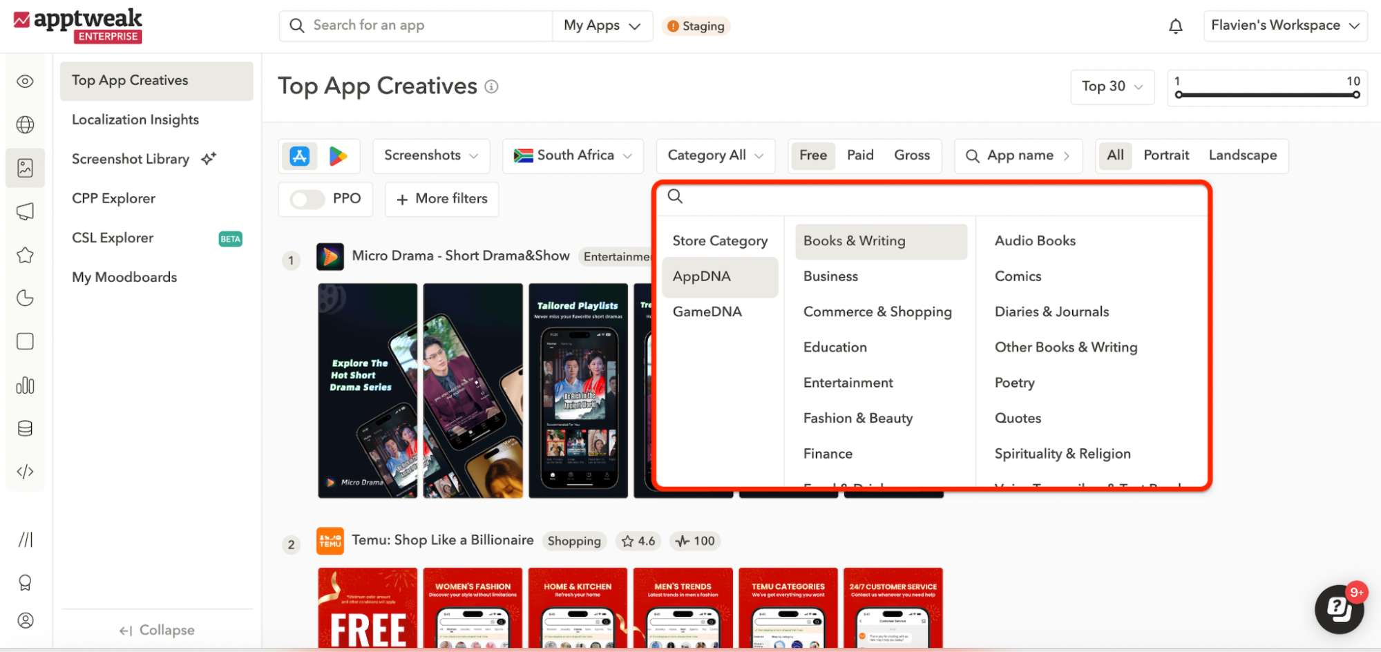 AppTweak Top App Creatives feature