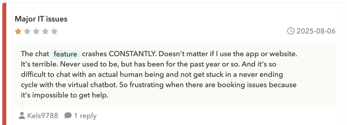 App store reviews: the user explains issues with an app feature 