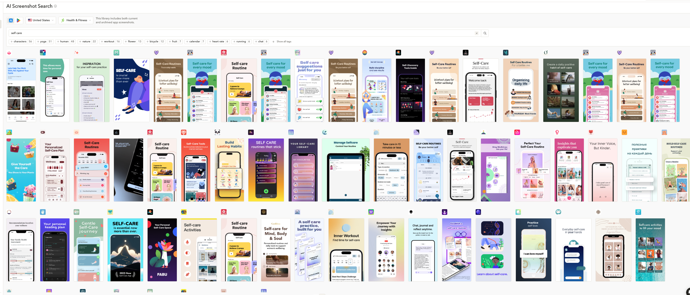 AppTweak 的 AI 屏幕截图搜索在美国搜索“自我保健”一词