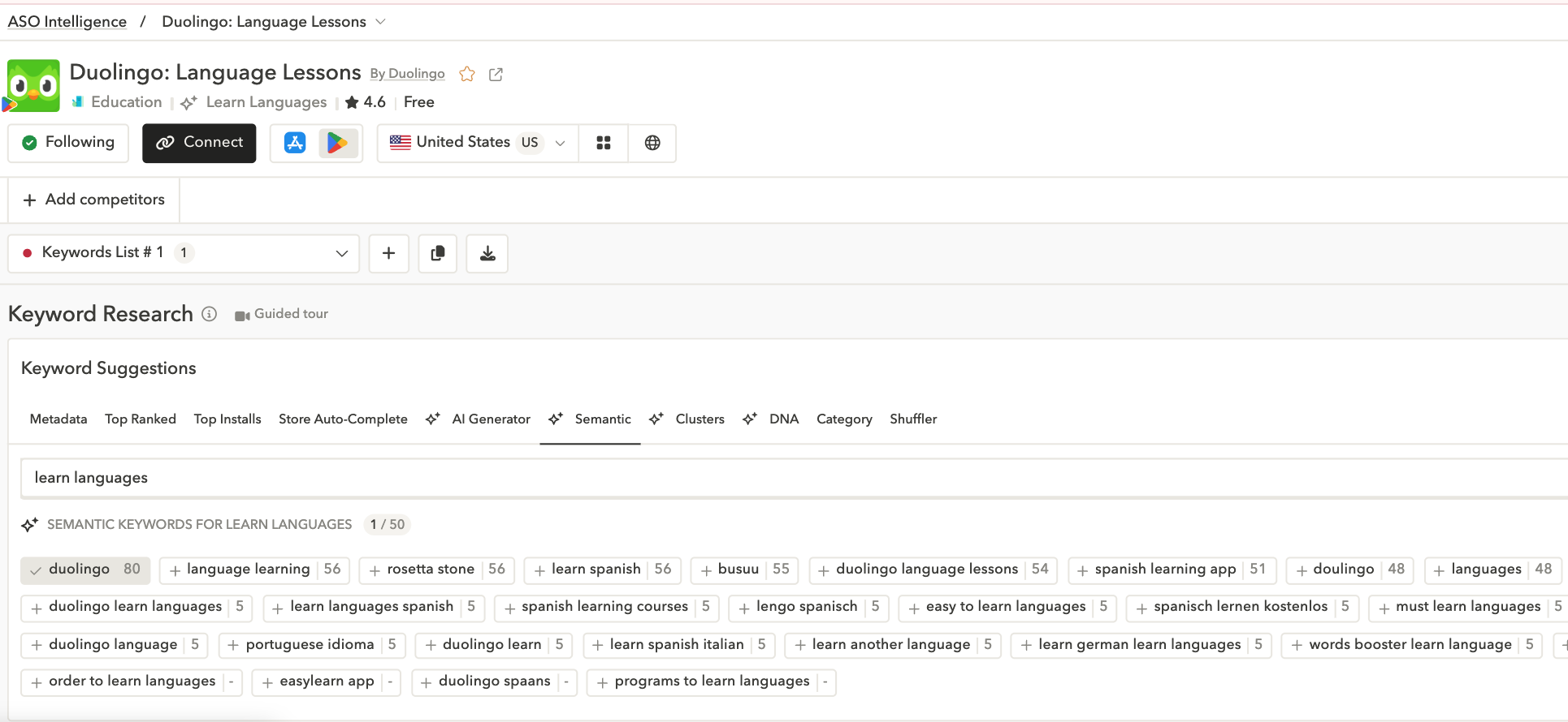 Get semantic keyword suggestions in AppTweak