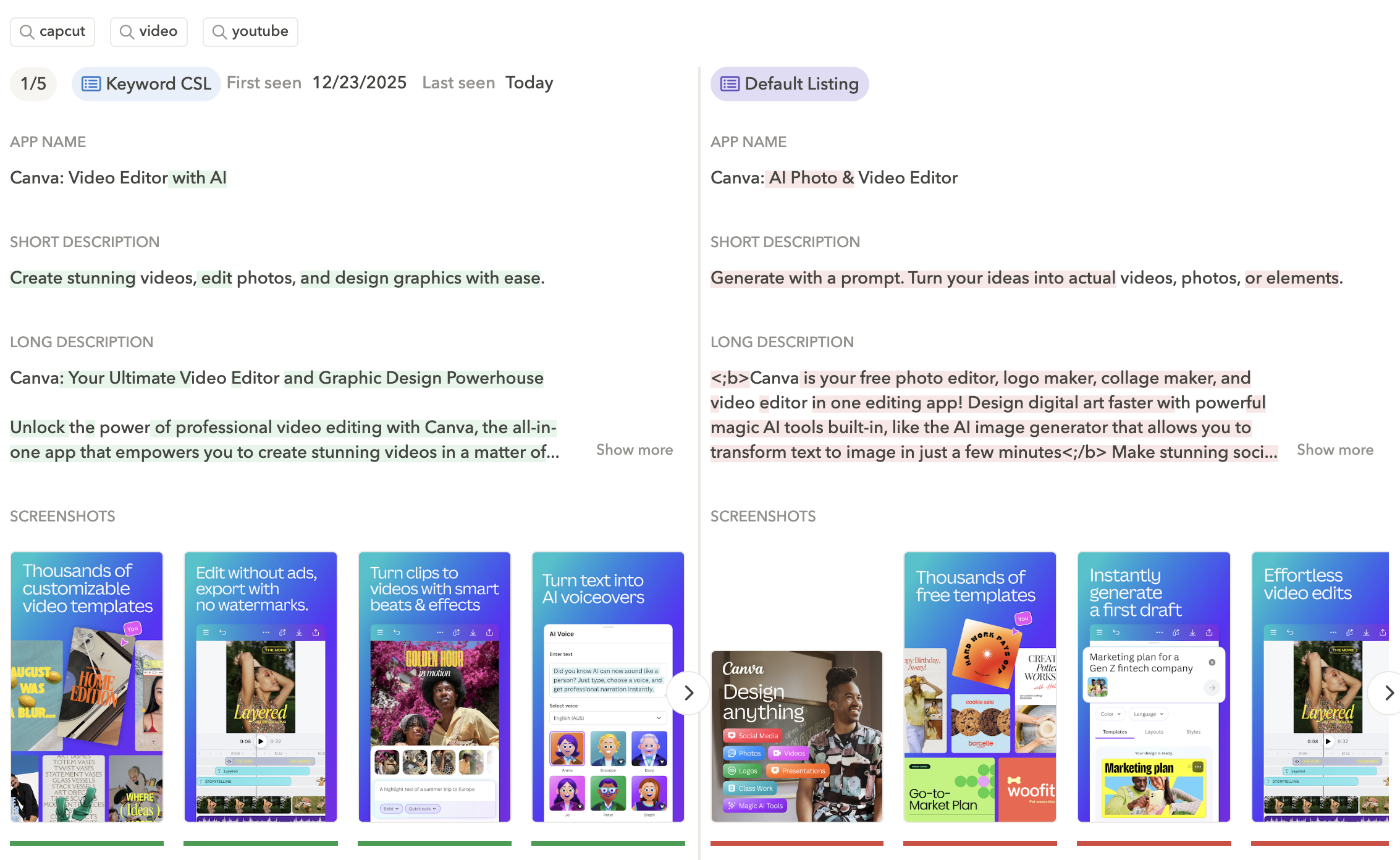 Custom store listing from canva for the keyword video
