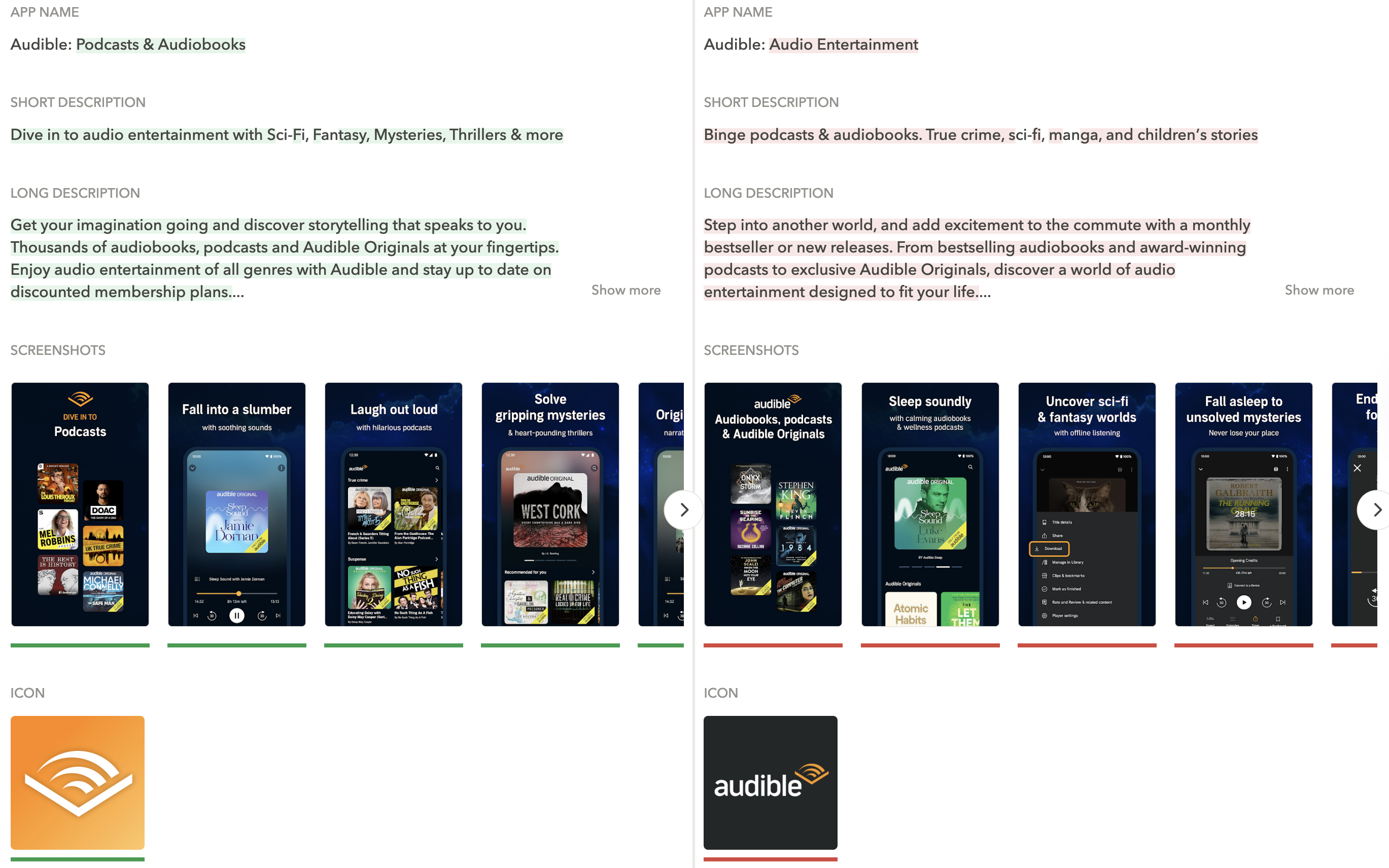 Audible running a custom store listing CSL on Google Play