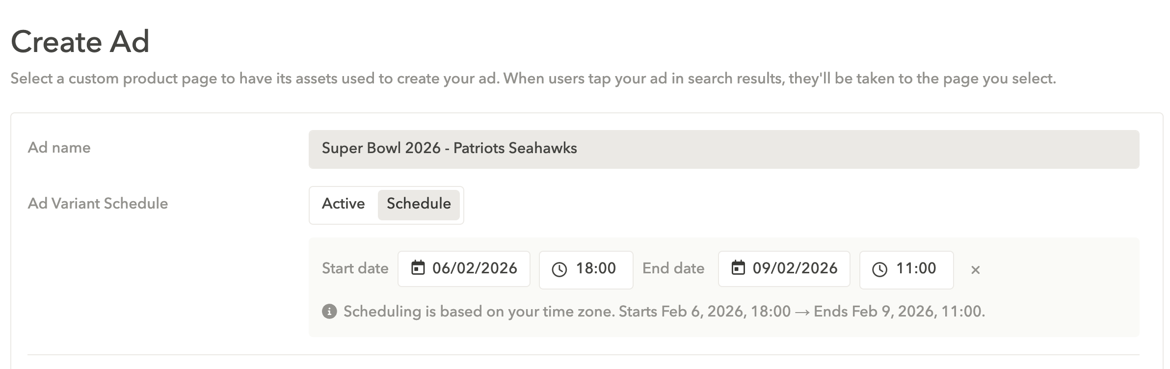 Scheduling custom product pages for Apple Ads campaigns in AppTweak
