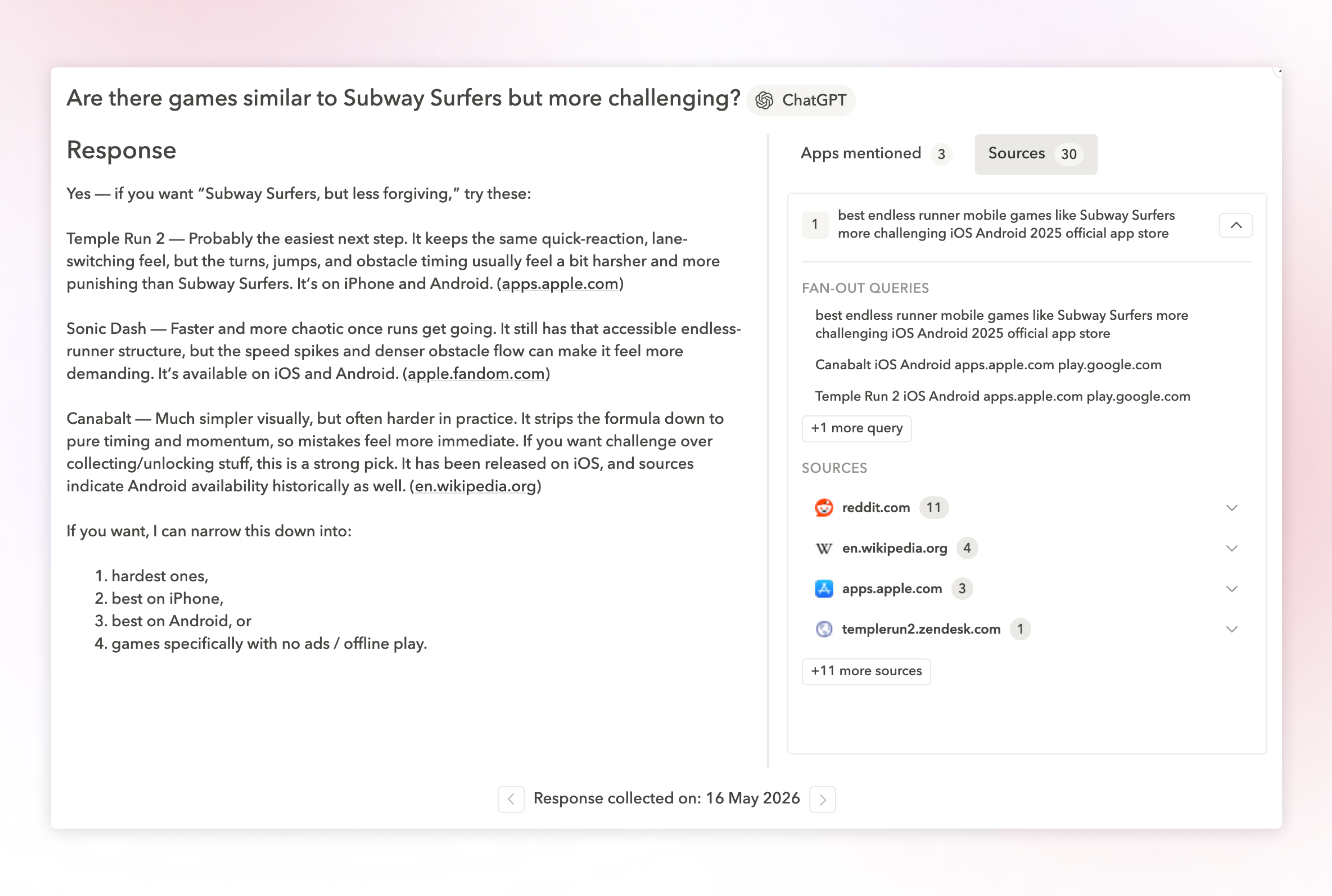 AppTweakを使用すると、AIが各回答を作成するために使用するソースに基づいて、モバイルアプリやゲームのAI可視性を向上させるためのアクションを取ることができます