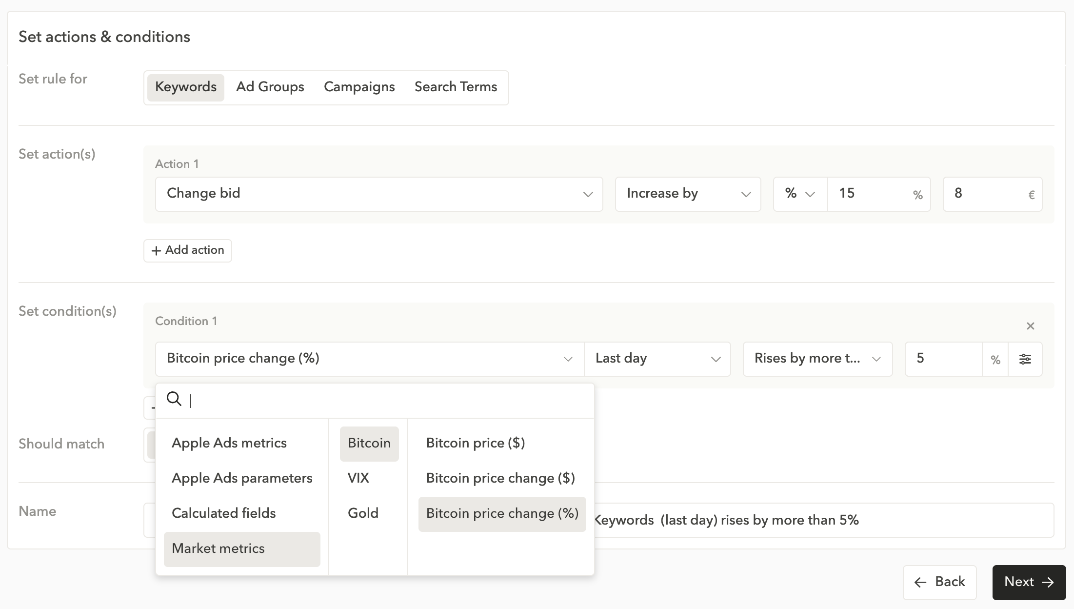 Trading apps can set custom automation rules to adjust Apple Ads campaigns based on Bitcoin price, gold price, or the VIX