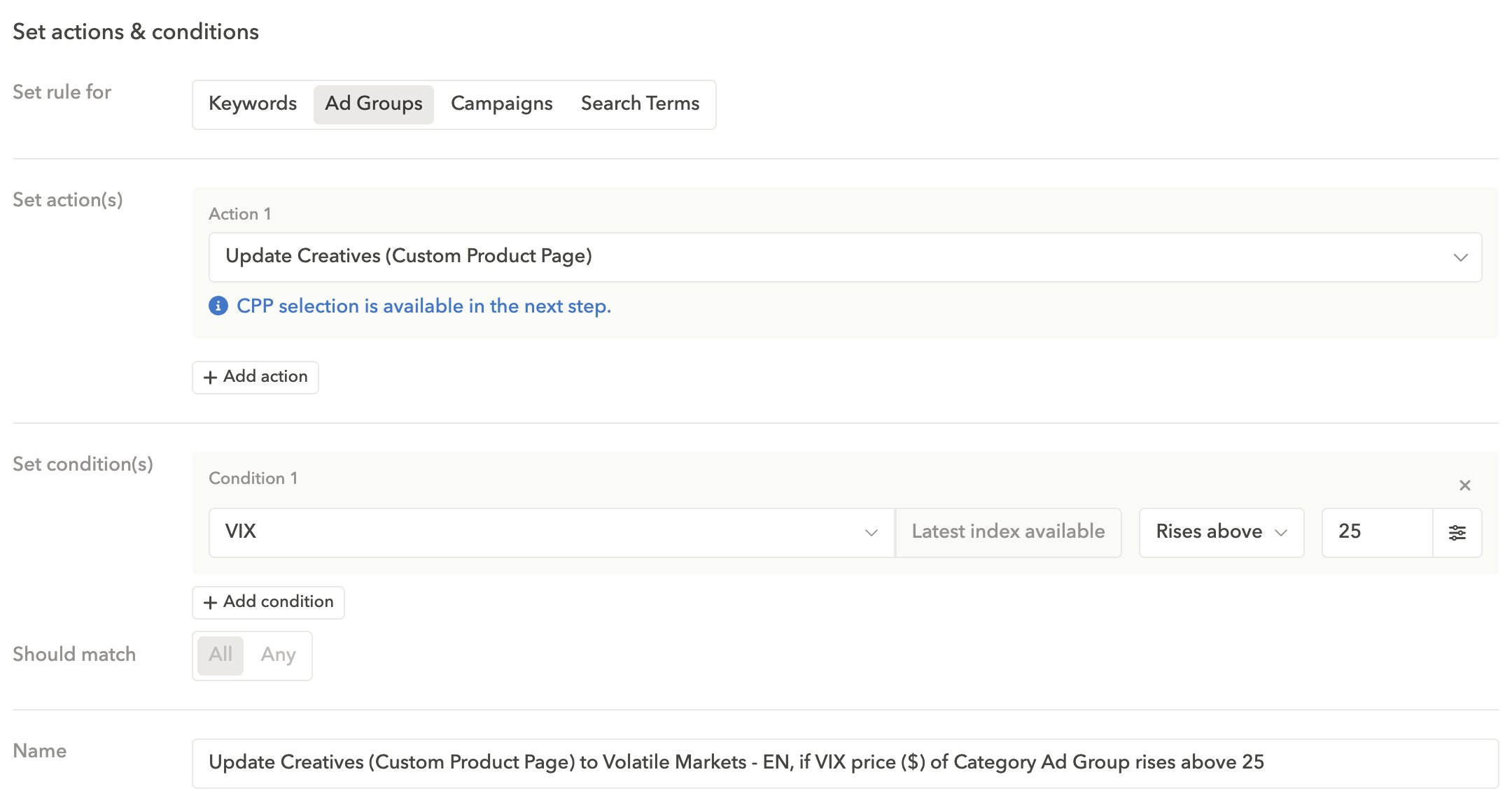 Set an Apple Ads automation rule to switch the custom product page used as your ad variation for an ad group when your market conditions are met