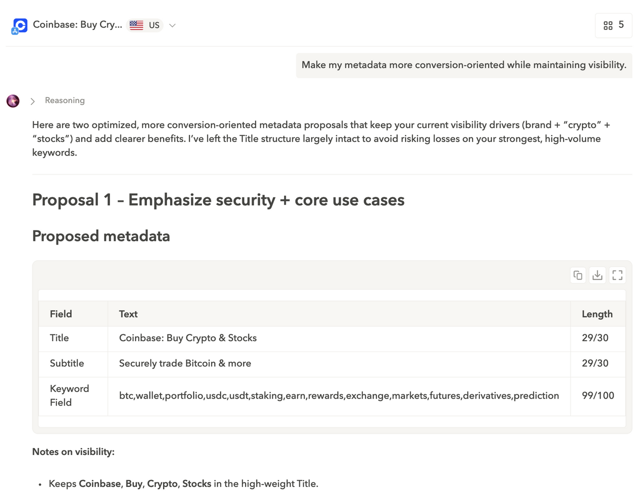 ASO Agent offering two optimized conversion-focused metadata that also keeps the current visibility drivers.