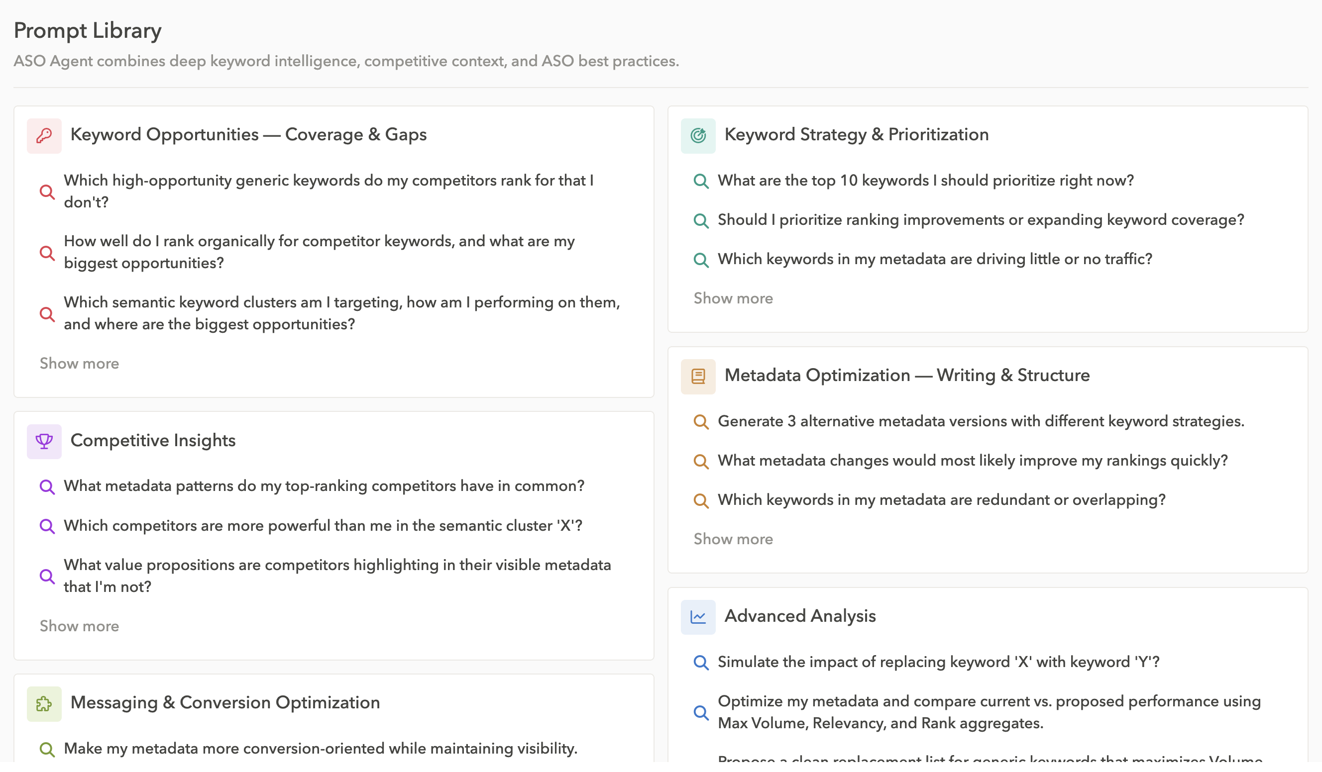 showcases AppTweak ASO Agent's prompt library