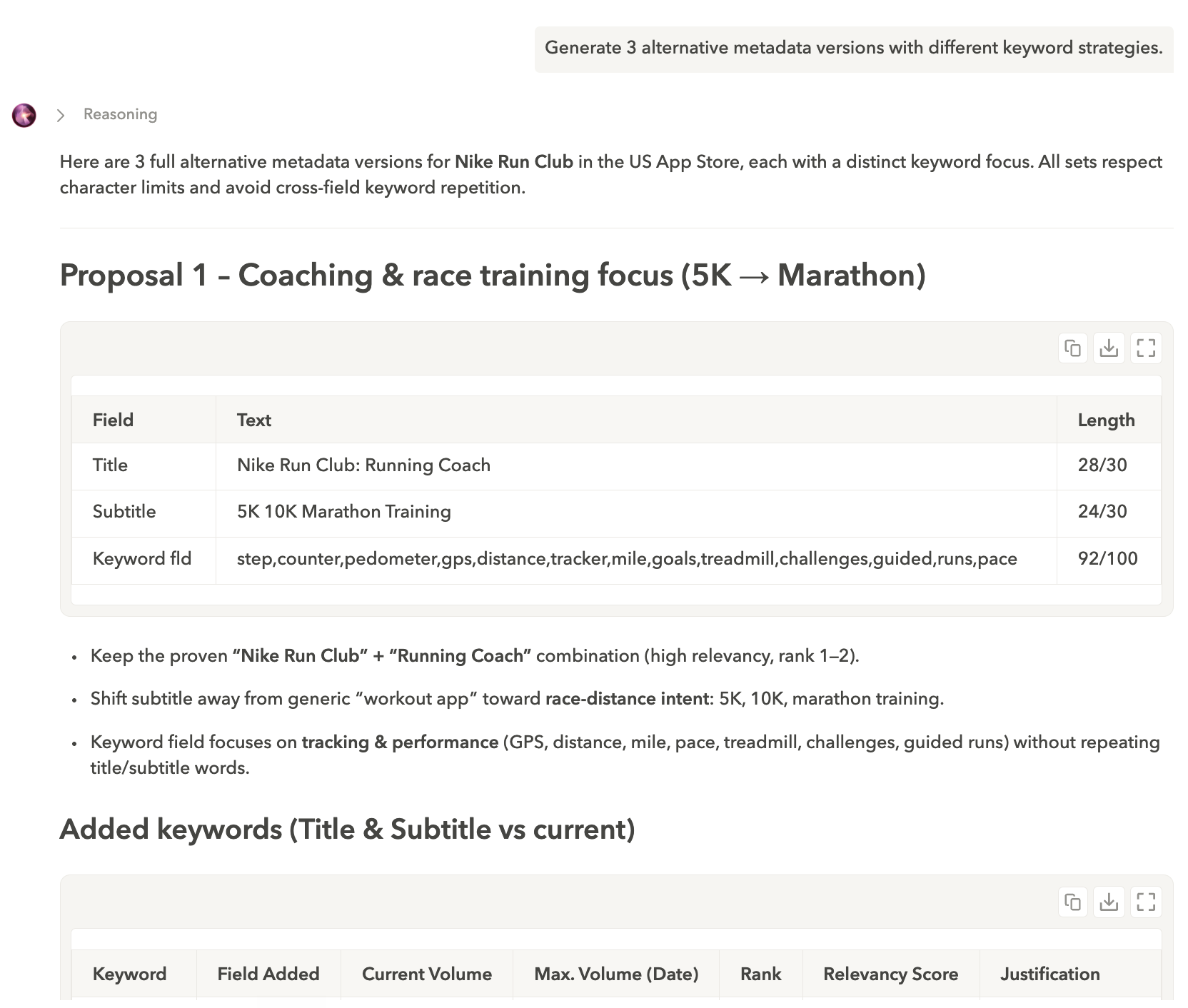 ASO Agent proposing three different metadata versions with different keyword strategies based on my app DNA, all while respecting the Apple app store guardrails.