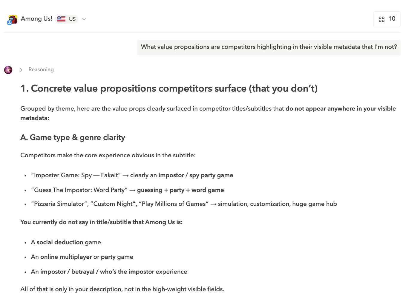 ASO Agent analyzing competitors' value proposition and value propositions that do not appear in my visible metadata.