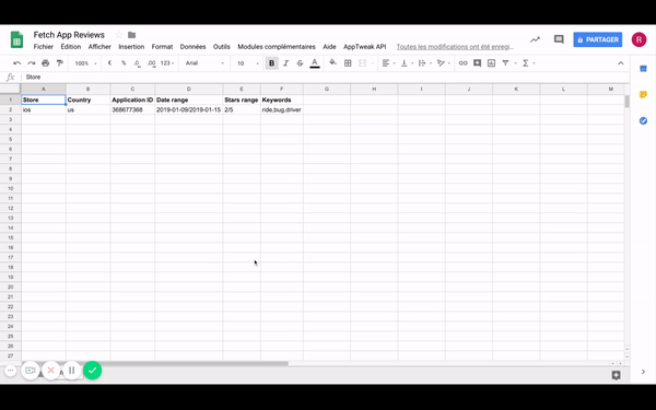 AppTweak ASO Intelligence APIとGoogle Sheetsの統合 - アプリのフィルタリングされたレビューを取得
