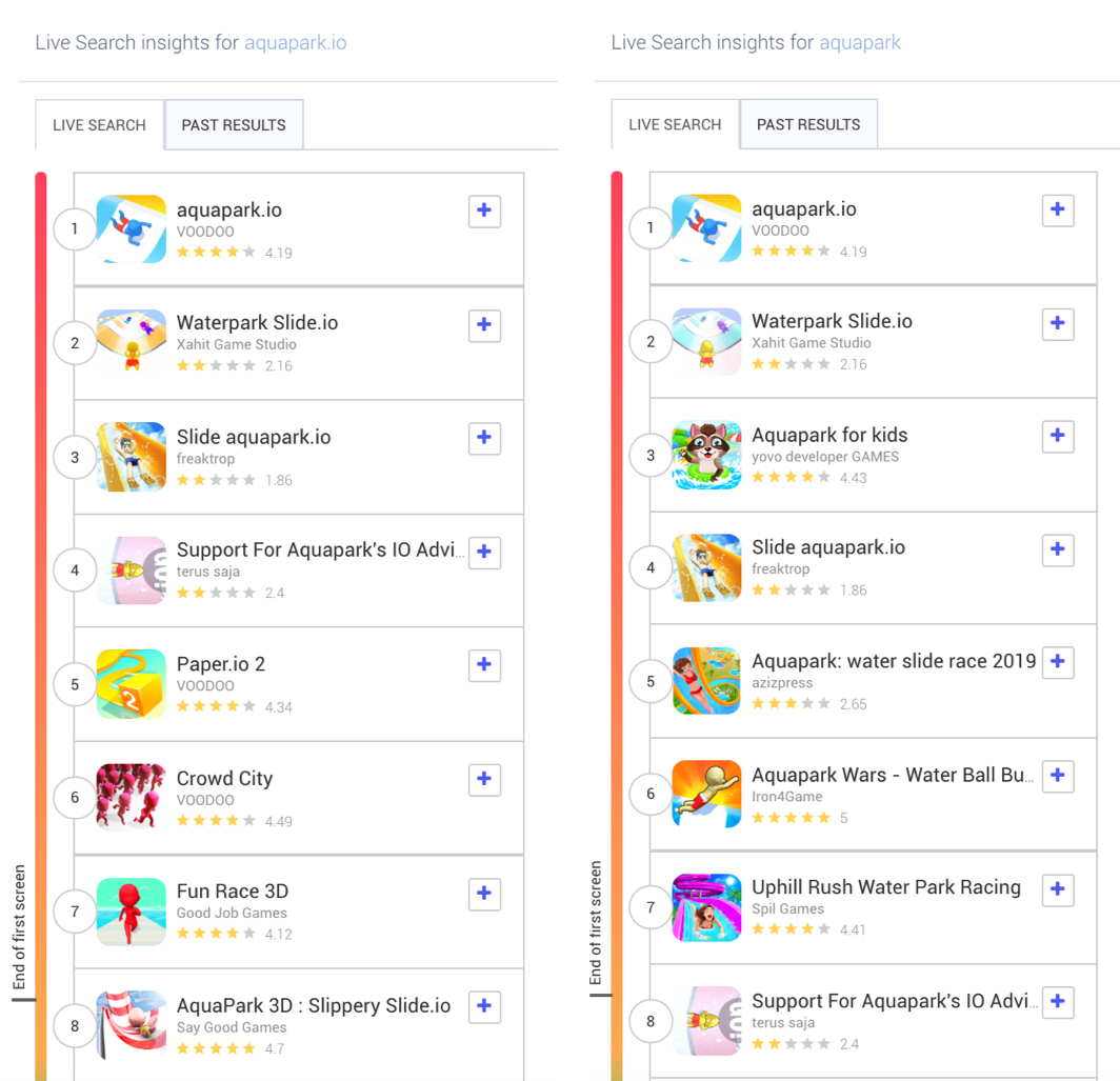 Live Search results of “aquapark” and “aquapark.io” on the US Play Store - AppTweak ASO Tool Live Search feature