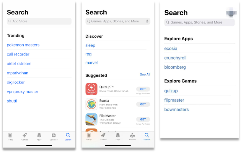 iOS 13 测试版中的新搜索标签页显示 
