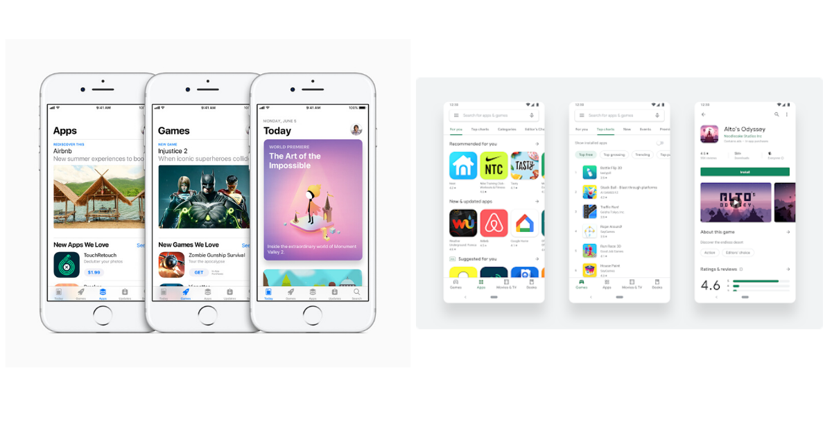 Apple App Store和Google Play商店的浏览或探索部分的用户界面 Apple App Store和Google Play商店的浏览或探索部分的用户界面
