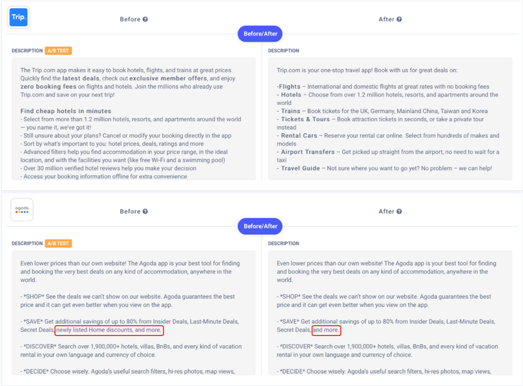 Apptweak ASO Tool: A/B test example of Agoda on long description