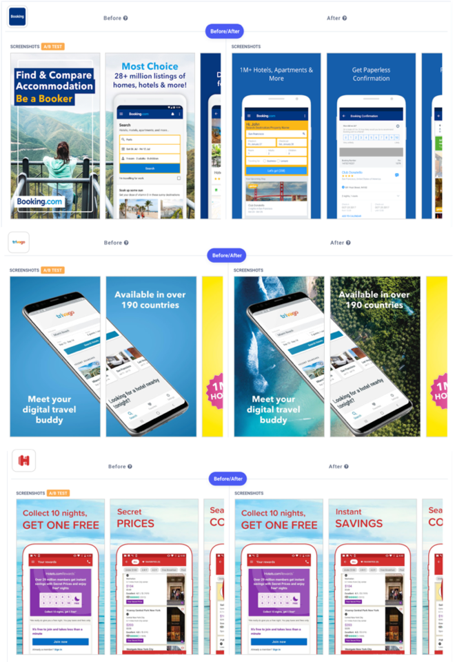 Apptweak ASO Tool: A/B test example of traveling and booking apps on screenshots
