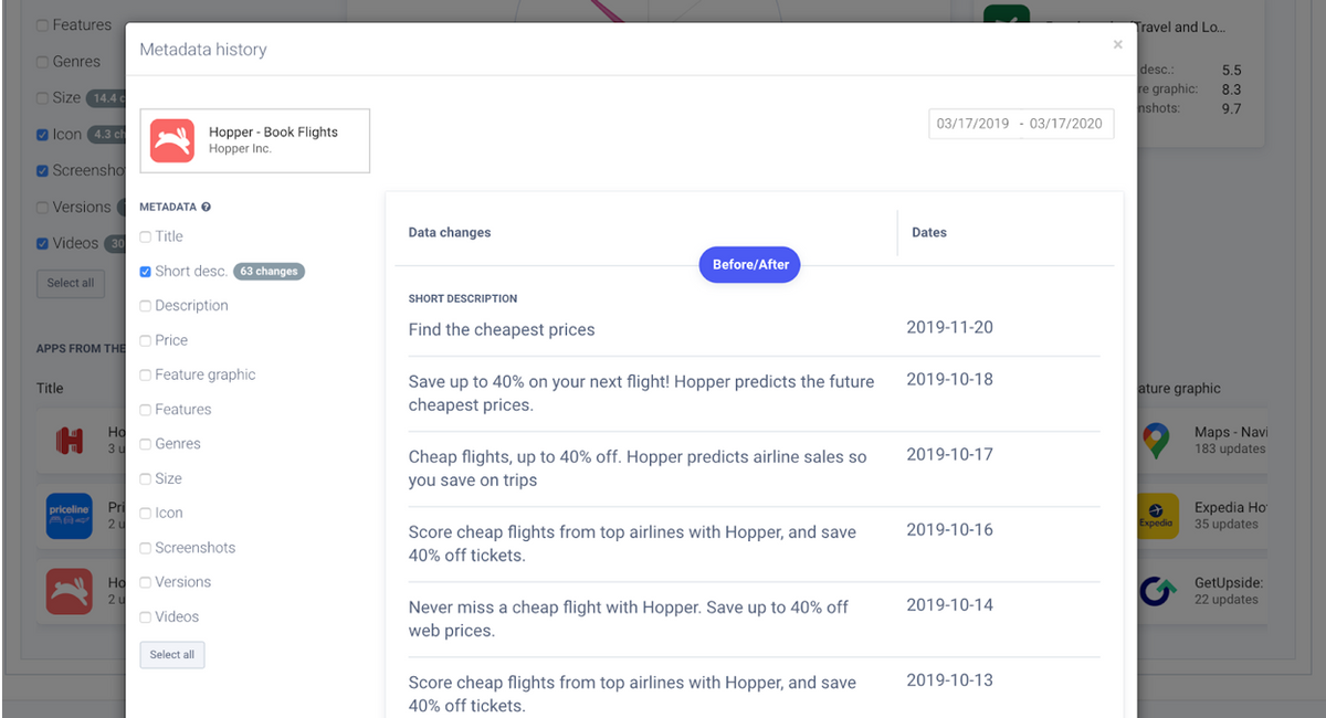 AppTweak ASO Tool: metadata history of Hooper