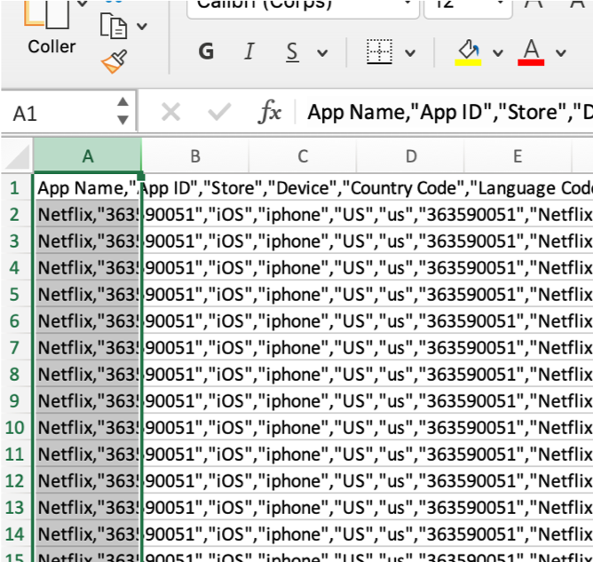 AppTweak ASO 도구: CSV를 Excel 시트로