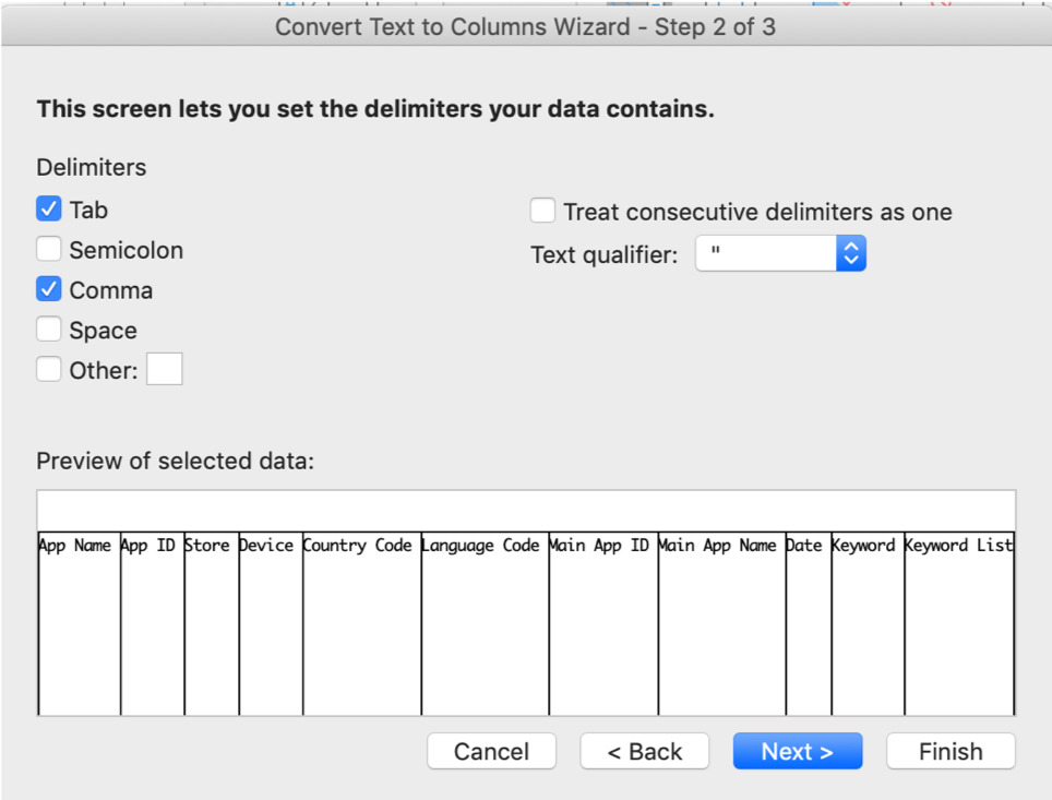 AppTweak ASO 도구: CSV를 Excel 시트로