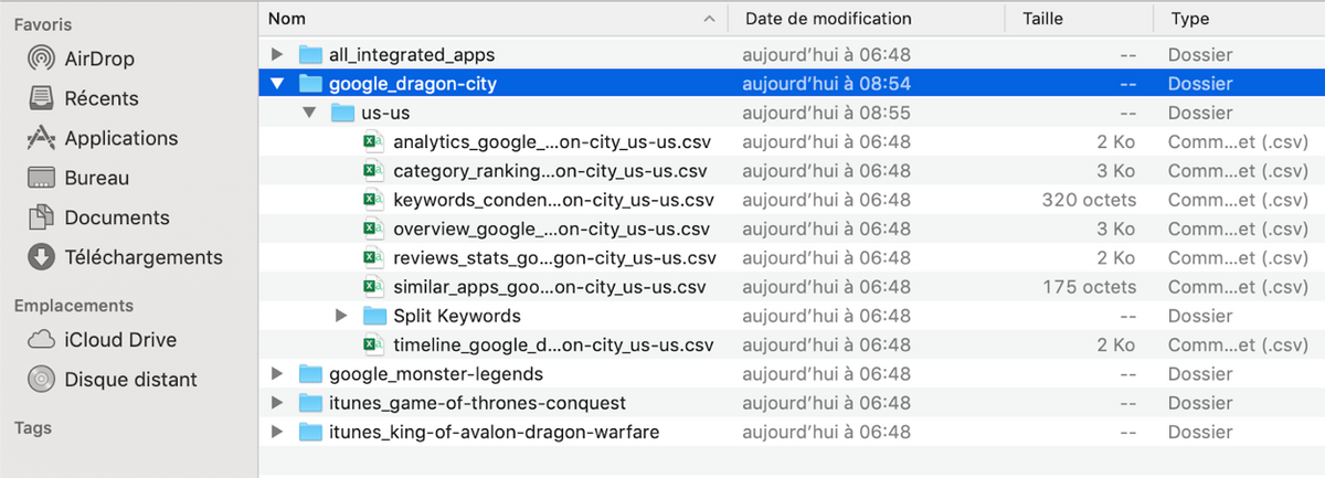 AppTweak ASO 도구: 내보내기 구조