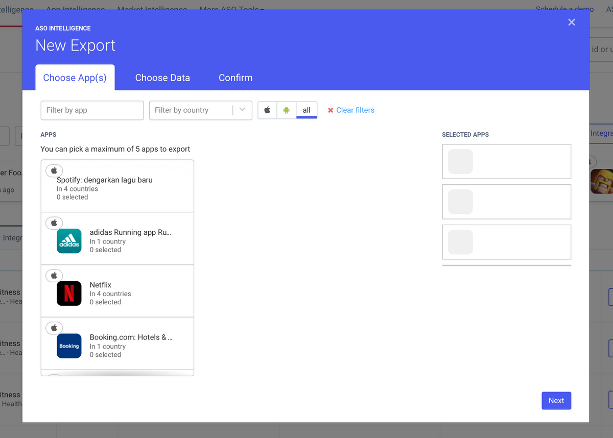 AppTweak ASO Tool: Export from dashboard pop-up choose Apps