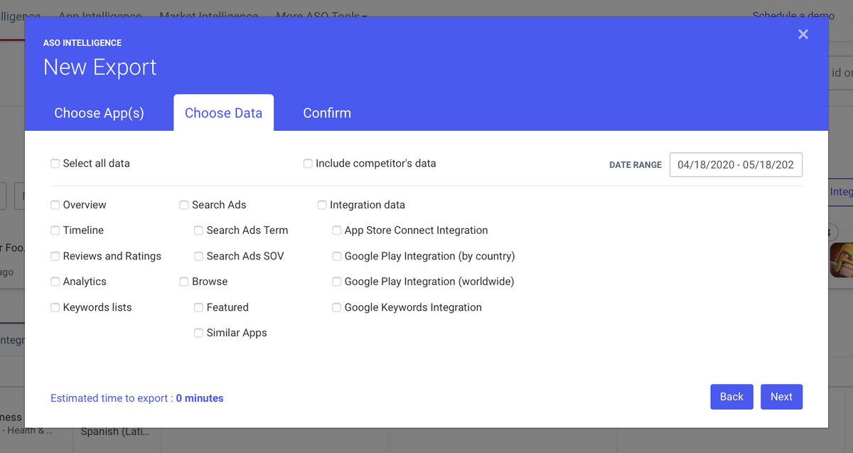 AppTweak ASO Tool: Export from dashboard pop-up choose data