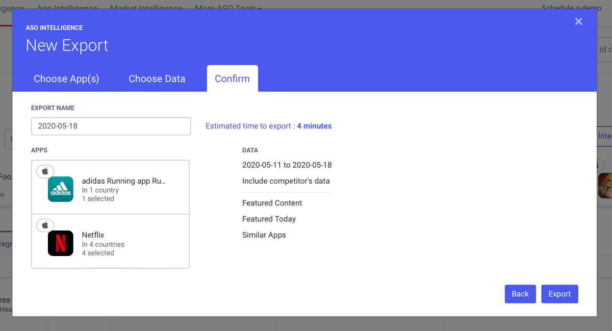 AppTweak ASO Tool: Export from dashboard pop-up confirm
