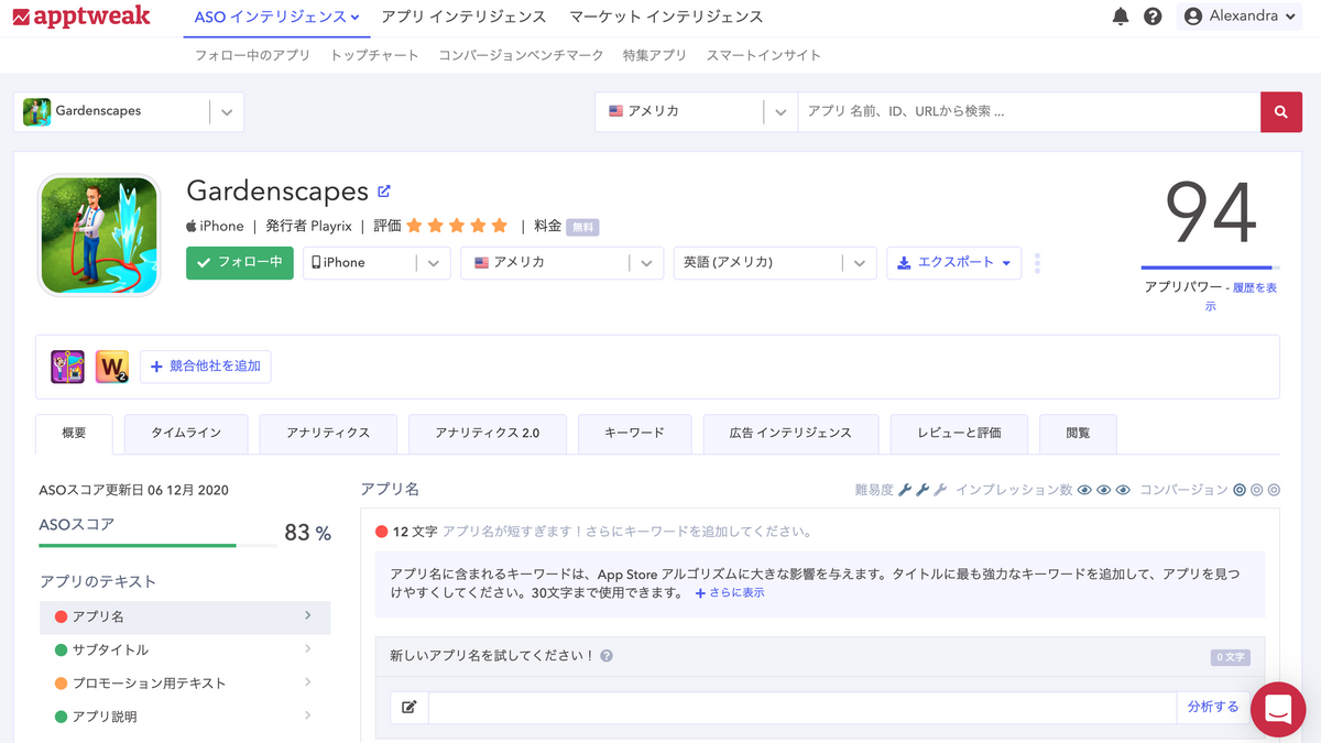 일본어 AppTweak 대시보드