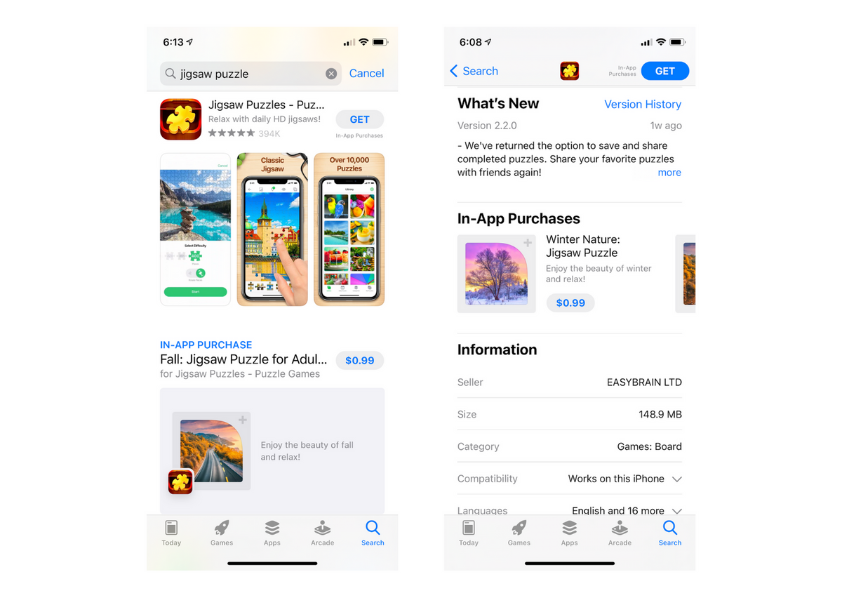 应用内购买在 Apple App Store 搜索结果和应用页面上的显示示例