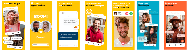 AppTweakから取得した米国App StoreでのBumbleの最新スクリーンショット。 AppTweakから取得した米国App StoreでのBumbleの最新スクリーンショット。