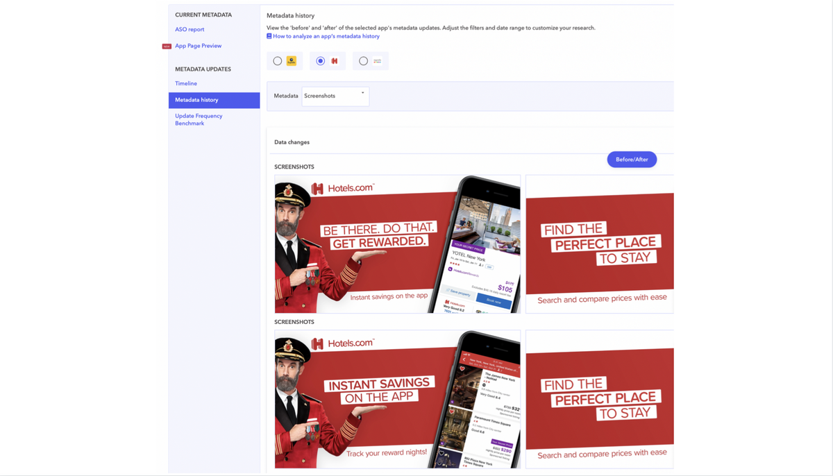 AppTweak ASO 도구: Hostels.com의 메타데이터 기록