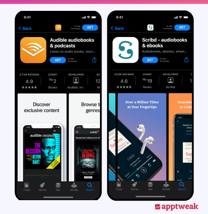 AppTweakのアプリページプレビューアーでダークモードでの2つのオーディオブックアプリのアプリページを比較