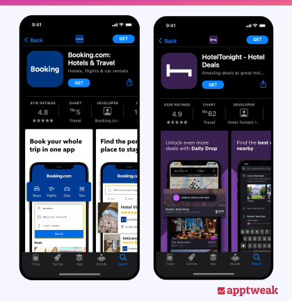 AppTweakのアプリページプレビューアーでダークモードでの2つの旅行アプリのアプリページを比較