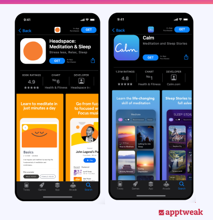 AppTweakのアプリページプレビューアーでダークモードでの2つの瞑想アプリのアプリページを比較
